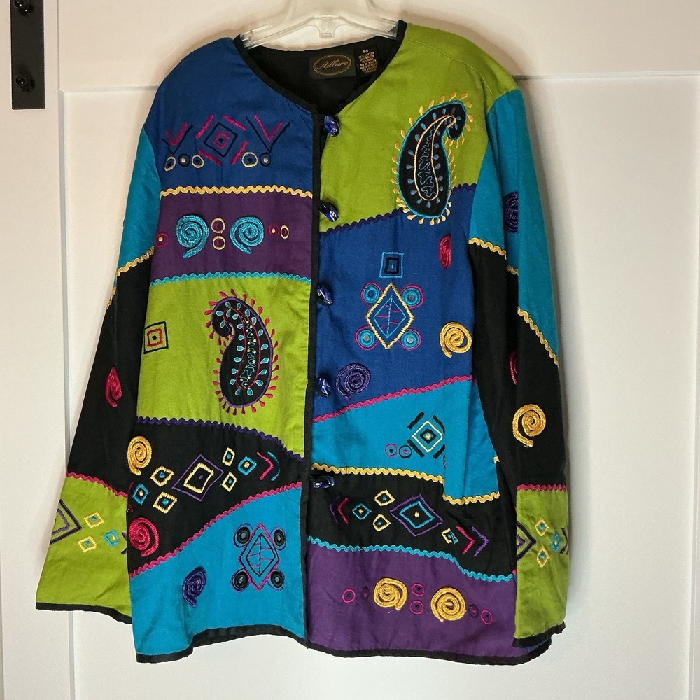 Alex Kim Mixed Media Patchwork Bohemian Jacket‎ Colorful Artsy Sz Medium India